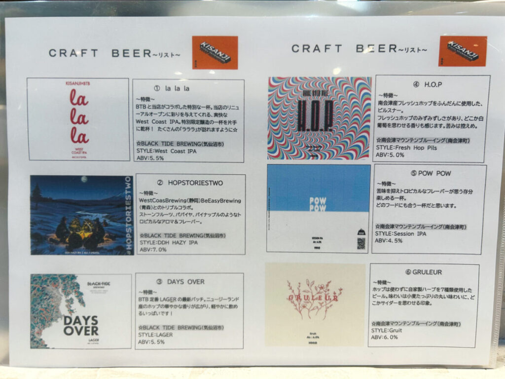 KISANJI クラフトビール メニュー