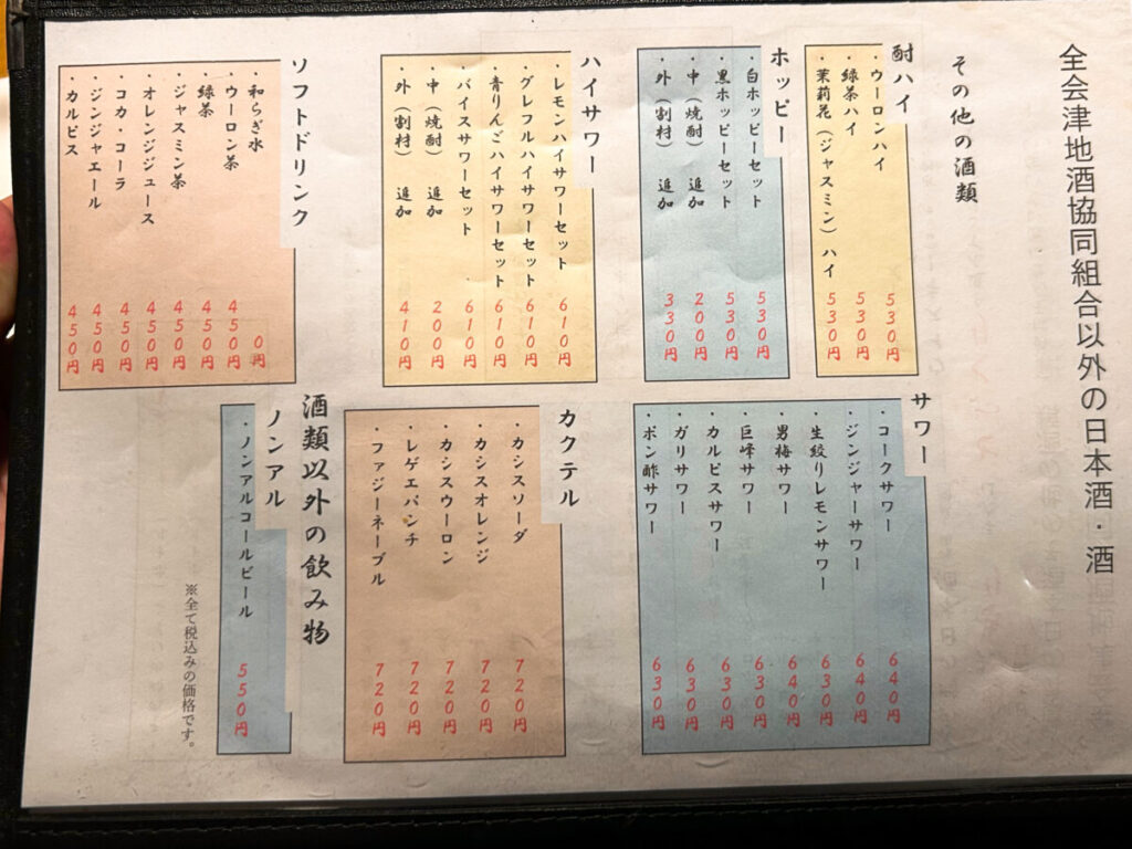 全会津地酒協同組合 連合会 もっきりセンター 会津支部 メニュー